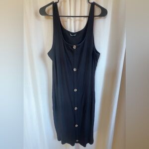 SHEIN Black Ribbed Button-Front Midi Dress